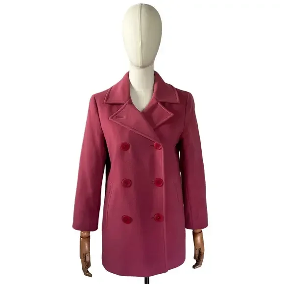 LL Bean Pink Wool Pea Coat Nautical Anchor Buttons Preppy Jacket Size 6 - Picture 3 of 16